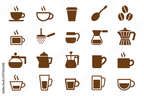 Collection of Coffee Icons Representing Different Brewing Methods and Serving Styles Perfect for Coffee Shop Menus and Branding
