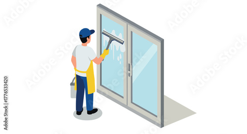 Isometric male janitor cleaning glass doors with squeegee and bucket