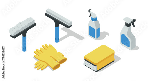 Isometric cleaning tools set squeegee, spray bottles, gloves, sponge on white background