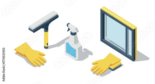 Isometric cleaning tools with gloves, spray bottle, squeegee, and window
