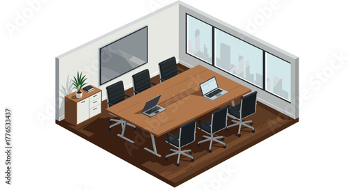 Modern isometric office meeting room with conference table and chairs