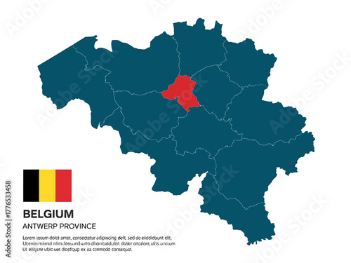 Belgium map highlighting Antwerp Province with national flag alongside province location and borders visual representation