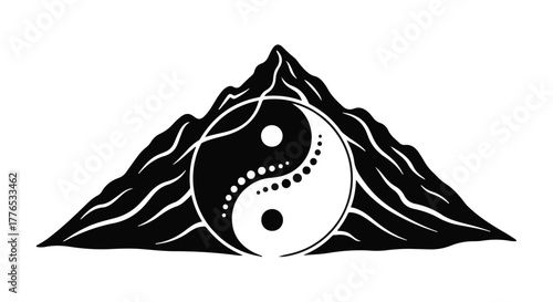Balanced yin yang symbol embraced by stylized mountain peaks