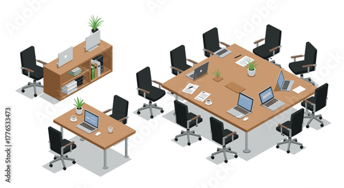 Modern isometric office workspace with conference table and laptops