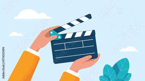 Film industry clapperboard in hands symbolizing movie production and the creative process of filmmaking for entertainment and storytelling on light blue background
