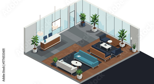 Modern office waiting area with isometric furniture and indoor plants