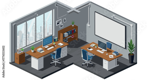 Modern isometric office interior with desks and city view