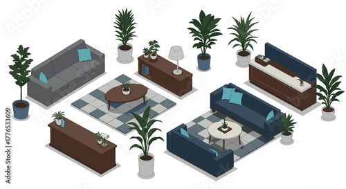 Modern isometric living room with plants and furniture arrangement