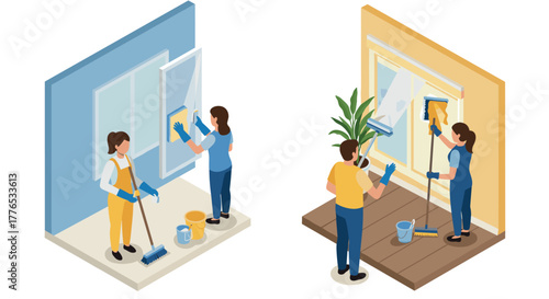 Isometric scene of people cleaning windows indoors with tools and supplies