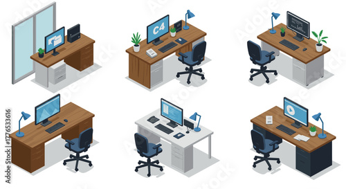 Isometric office desks with computers and chairs in modern workspace setting