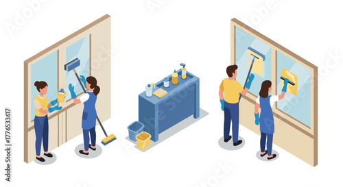 Isometric window cleaning service professionals using equipment in action