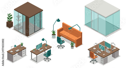 Modern office workspace with isometric desk and furniture elements