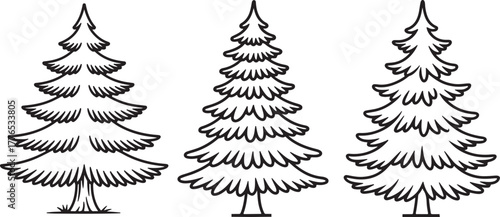 set of Cedar Tree line art, coloring book page line art drawing, vector and illustration