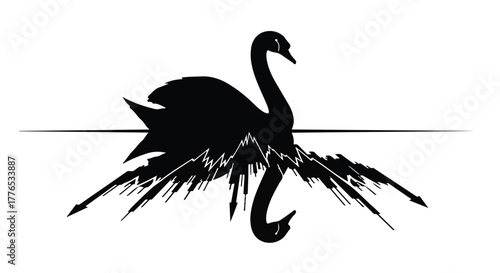 Elegant black swan silhouette reflected in water with abstract mountain peaks