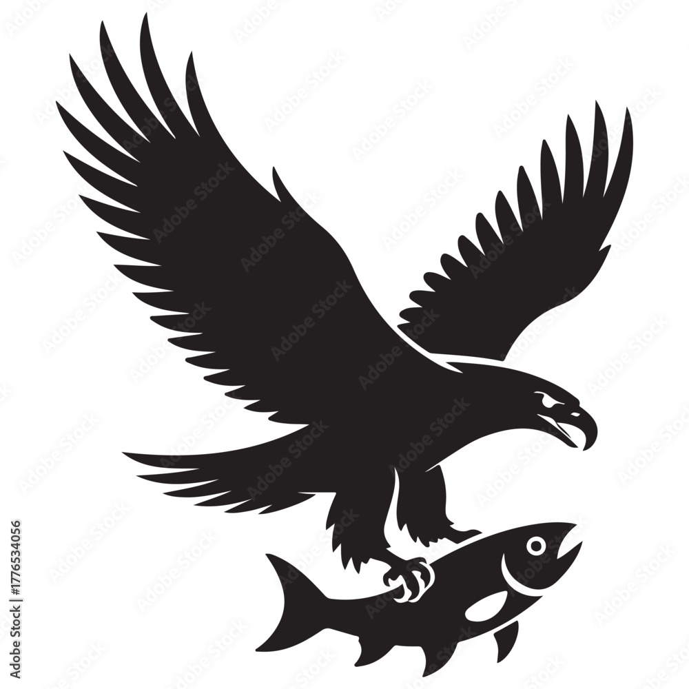 Obraz premium Eagle catching fish silhouette isolated on white background bird of prey vector illustration