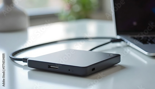 External hard drive connected to a laptop on a white table surface