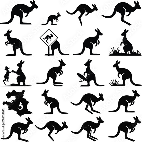Collection of kangaroo silhouettes in various poses