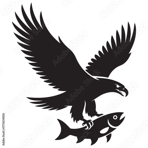 Eagle catching fish silhouette isolated on white background bird of prey vector illustration