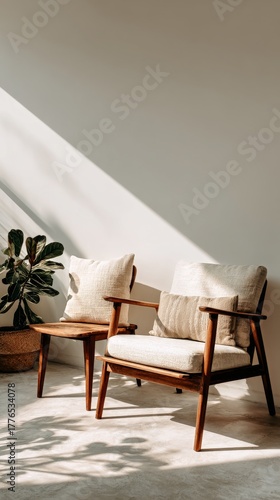 Warm Sunlight Shines on Cozy Chairs and a Plant in a Minimalist Indoor Space