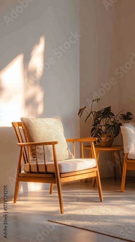 Warm Sunlight Shines on Cozy Chairs and a Plant in a Minimalist Indoor Space