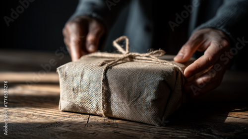 woman holding a present wrapped in a white cloth