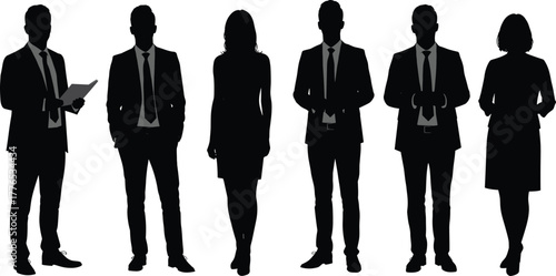 Business team silhouettes, corporate professionals, formal attire, teamwork concept, leadership, office staff, diversity, standing poses, mobile devices, success