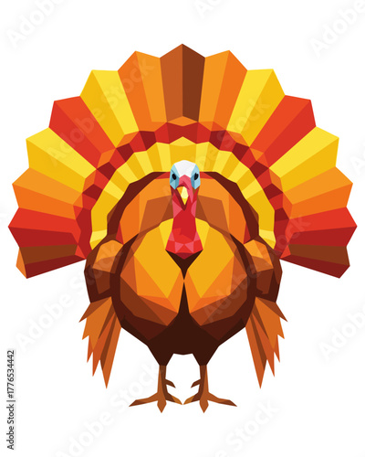 Vibrant geometric turkey illustration in striking autumn colors, perfect for harvest festivals, Thanksgiving designs, and seasonal promotions, showcasing a modern polygonal artistic style