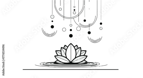 Serene lotus flower blooming on tranquil water with abstract celestial elements above