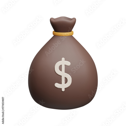 3D money bag isolated on white background. Brown fabric money bag with dollar sign on it. Treasury bank vault, rich and wealth, savings and investment, bank collector system 3D element.
