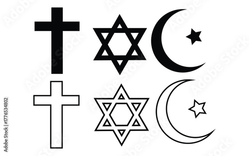 Collection of religious symbols including christian cross jewish star of david and islamic crescent moon and star isolated on white background