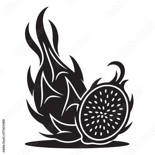 Illustration of a dragon fruit cut in half isolated on white background, showcasing its unique texture and shape