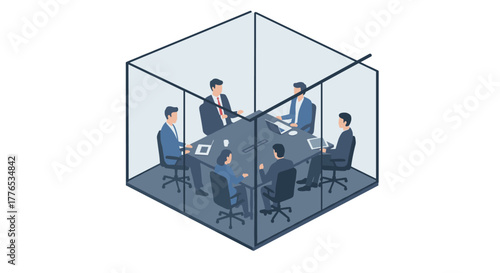 Business meeting in modern glass cube office with isometric design