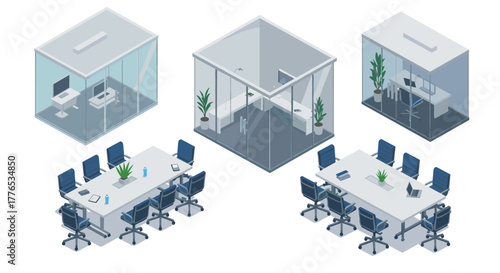 Modern isometric office design with glass partitions and conference rooms