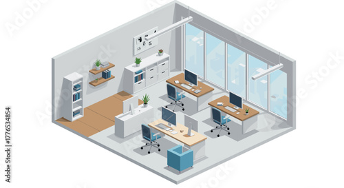 Modern isometric office interior with desks, computers, and large windows