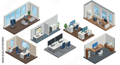 Modern office isometric set with desks, chairs, and technology elements for interiors