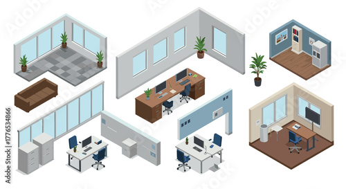 Modern office interior set in isometric style featuring desks and plants