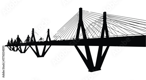 Modern suspension bridge silhouette against a stark white background, symbolizing connection and engineering.