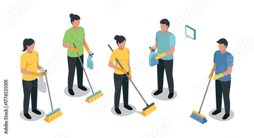Isometric team of janitors cleaning with mops brooms and spray bottles