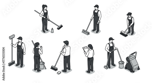 Isometric people cleaning diverse workers in various cleaning activities