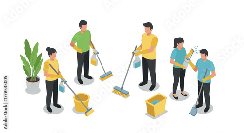 Isometric cleaning crew working together with mops and buckets in teamwork scene