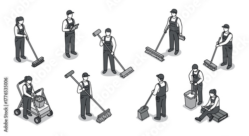 Isometric workers in various cleaning activities in monochrome style