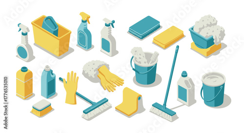 Isometric cleaning supplies collection for household chores and maintenance