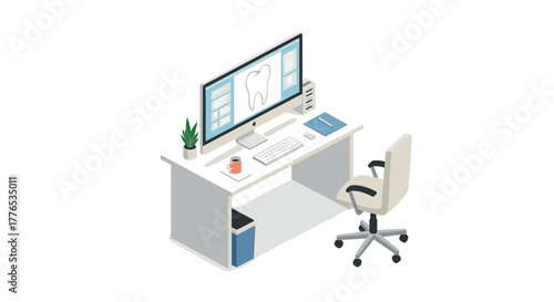 Dental office workspace in modern isometric design with computer and office supplies