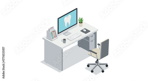Modern dental office workspace with computer and tooth icon in isometric style