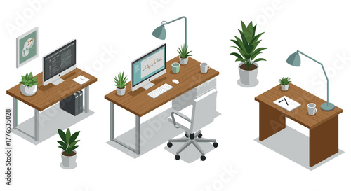 Modern office workspace with computers and plants in isometric design