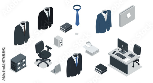 Isometric office attire and workspace elements in modern design