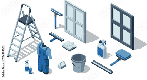 Isometric cleaning supplies and tools for window washing