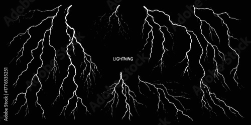 Collection of white lightning bolts striking against a black background with the word lightning in the center