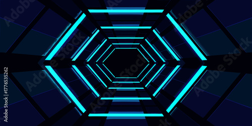 Futuristic hexagonal tunnel with neon blue lights and dark geometric walls