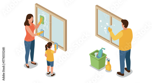Family cleaning windows together in isometric style for household chores theme